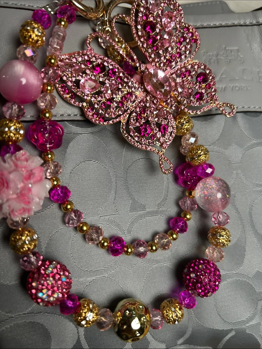 Keychain Pink and Gold Crystal Butterfly Necklace